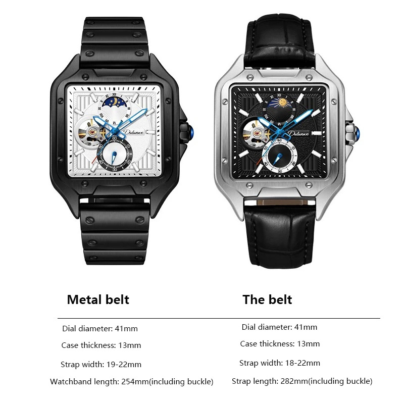 Dulunwe Leather Strap Mechanical Automatic Wristwatches Tourbillon Fashion Waterproof Sport Moon Phase Clock Watches For Men