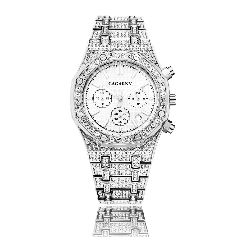 CAGARNY Hiphop Unique Arab Mens Watches Date Quartz Wristwatch Silver Stainless Steel Baguette Diamond Watch For Men Jewelry