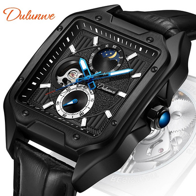 Dulunwe Leather Strap Mechanical Automatic Wristwatches Tourbillon Fashion Waterproof Sport Moon Phase Clock Watches For Men