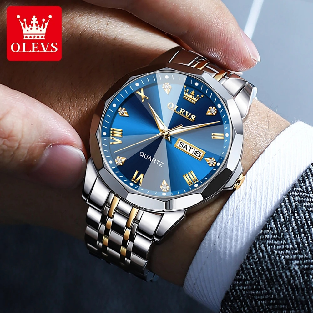 Hot OLEVS Men's Watches Mirror Original Quartz Watch For Man Waterproof Luminous Stainless Steel Wristwatch Male Week Date Hours