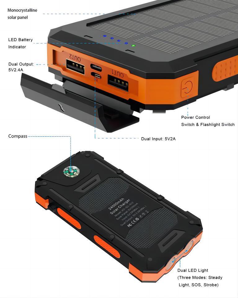 Waterproof 10000mAh,20000mAh IP67 Mobile Power Bank Solar Charger With Compass And LED light,Shell Case and PCB without Battery