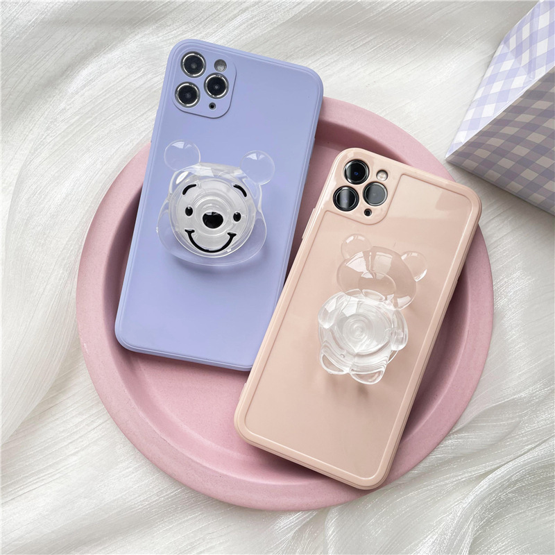 High Quality Cute Phone Socket 3D Crystal Clear Bear Mobile Phone Grip Holder for Phone 15 Pro Max Huawei