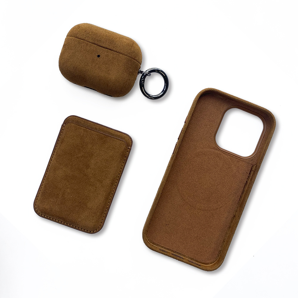 Wholesale vegan leather magnetic phone case with detachable card holder Earphone case for iphone 14 15 set