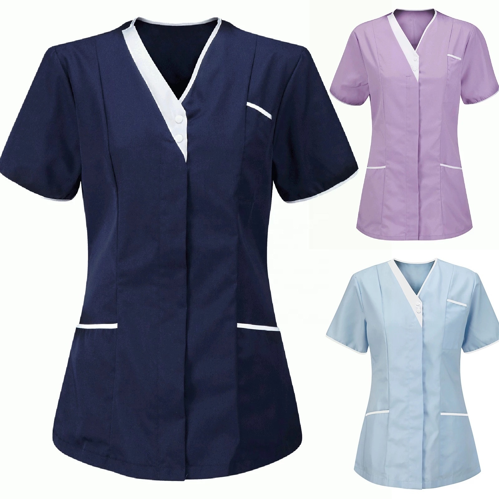 Custom new design covered button v-neck short sleeve nurse Scrub Tops