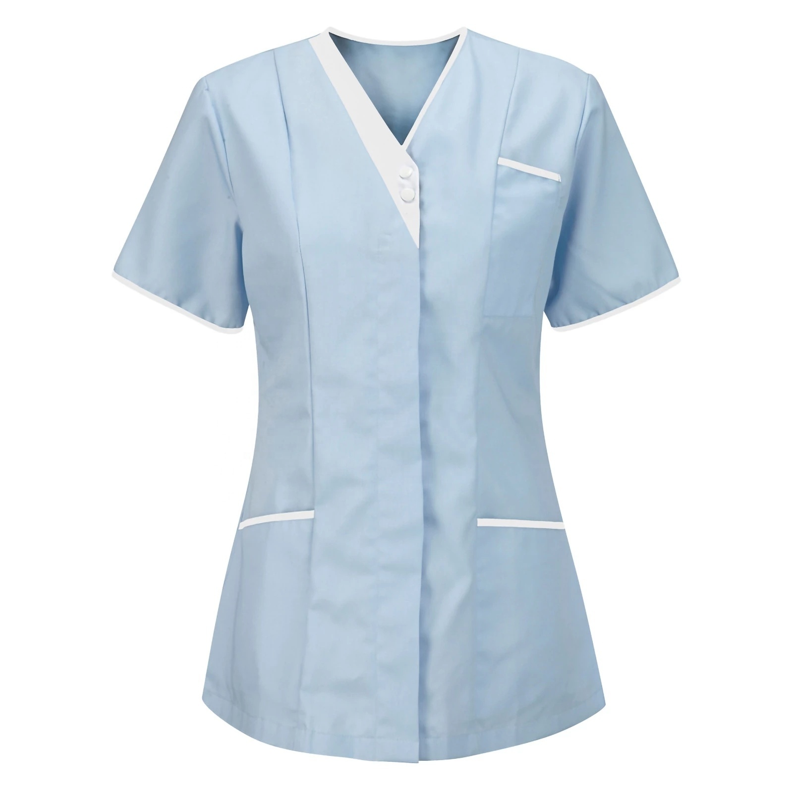 Custom new design covered button v-neck short sleeve nurse Scrub Tops