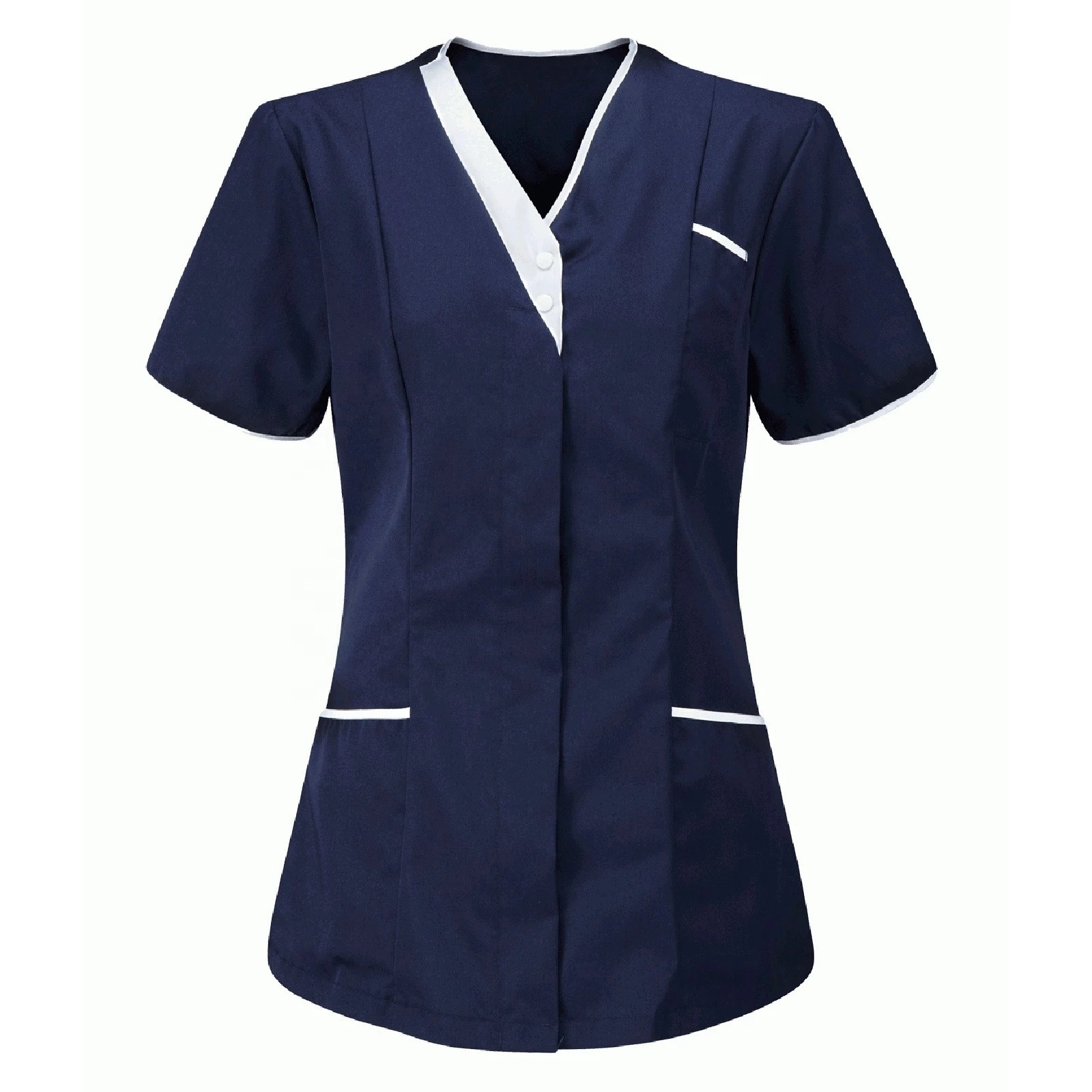 Custom new design covered button v-neck short sleeve nurse Scrub Tops