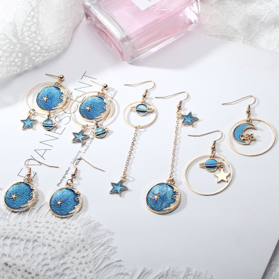 Korean Designed Starry Sky Pendant Earrings Asymmetry Long Tassel Earrings Jewelry For Women