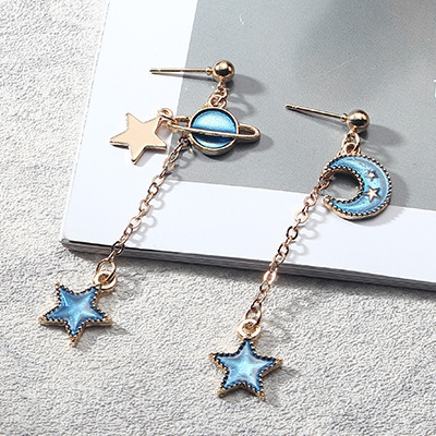 Korean Designed Starry Sky Pendant Earrings Asymmetry Long Tassel Earrings Jewelry For Women