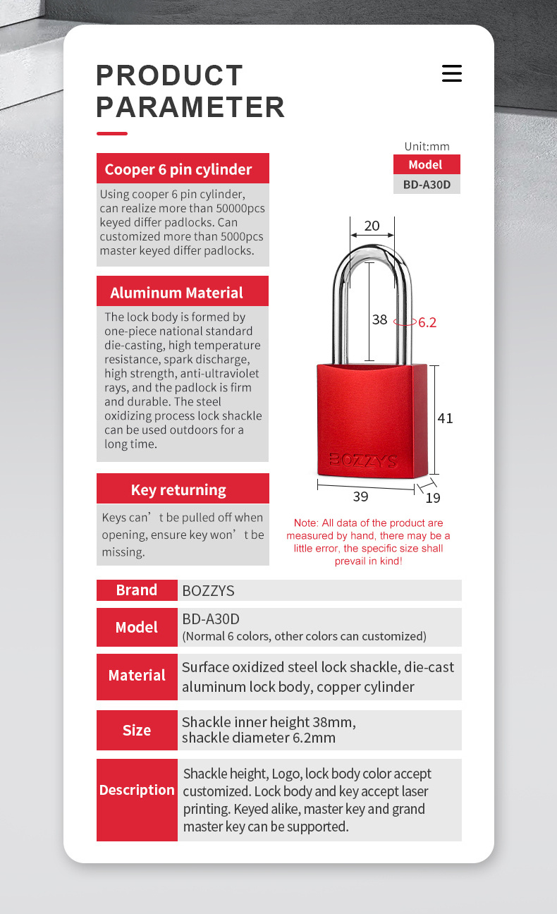 Compact anodized keyed alike aluminium padlock with 6.2*38mm hardened steel shackle for Industrial lockout-tagout