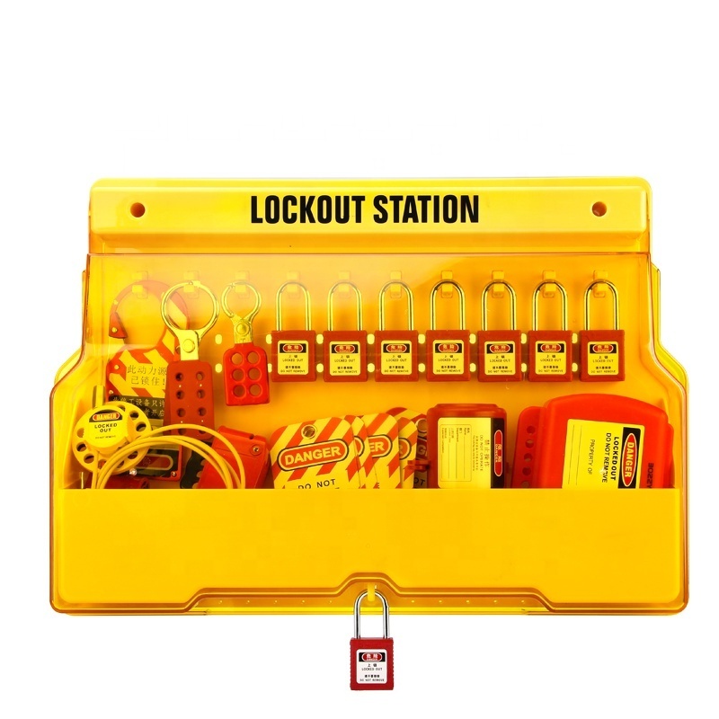 Wall-mounted standard electrical lockout station with 10 Zenex safety padlocks and accessoriesplastic locks