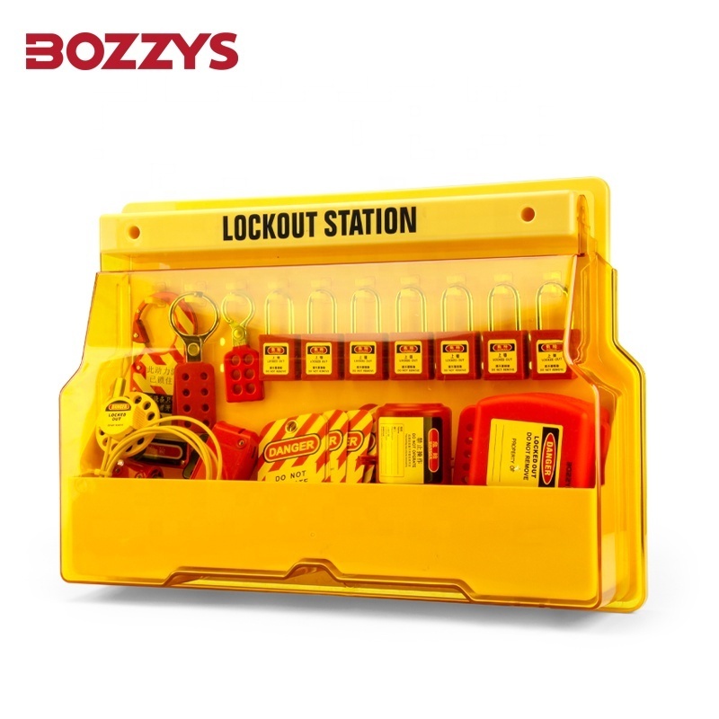 Wall-mounted standard electrical lockout station with 10 Zenex safety padlocks and accessoriesplastic locks