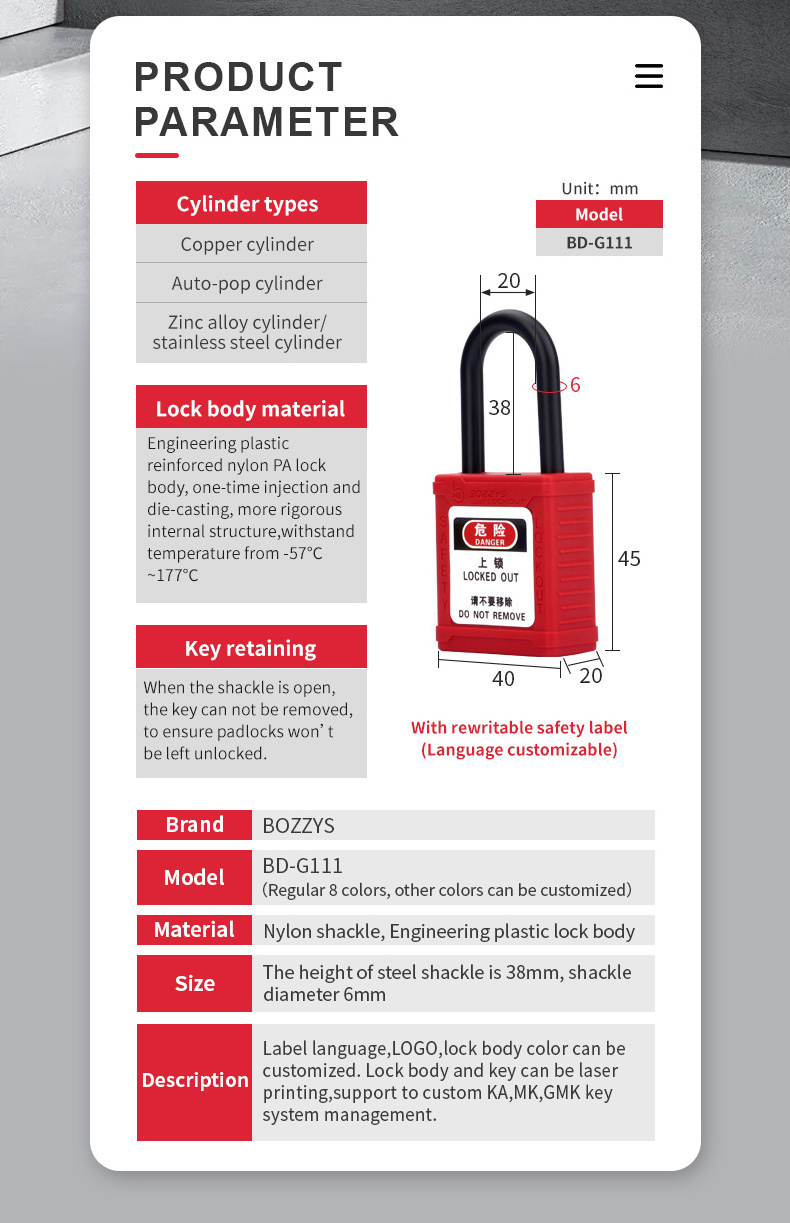 38mm Shackle Loto insulated safety padlock with Master key for Industrial lockout-tagout Custom laser coding and label