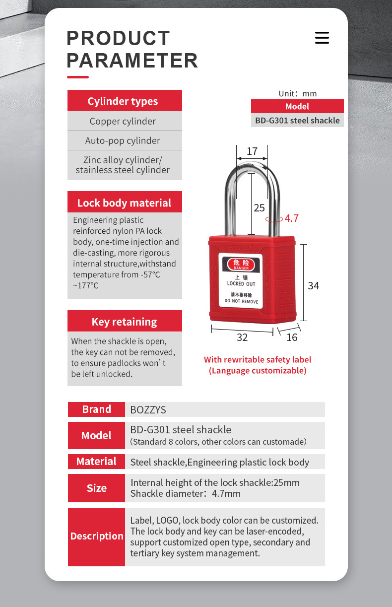 BOZZYS Industrial Safety Isolation lockout-tagout small Padlocks with Master Key and Copper lock cylinder