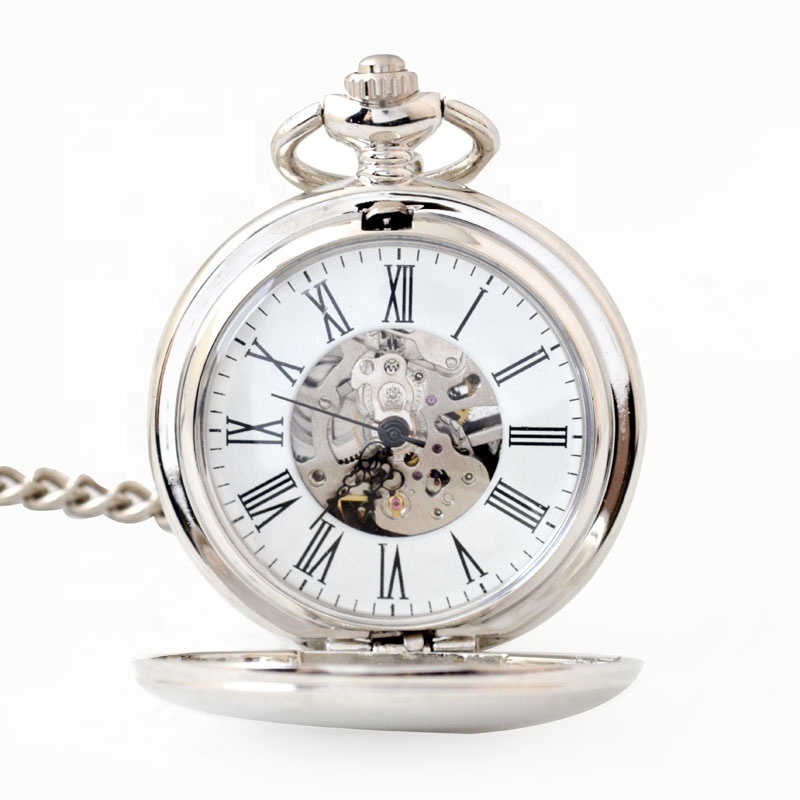 Custom Glossy Full Hunter Classical Smooth Silver Black Mechanical automatic Gift Pocket Watch