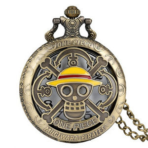 Vintage Gift Luffy Pirate Skull Reloj One Piece Metal Pendant Necklace Clock Anime Pocket Watch With Chain