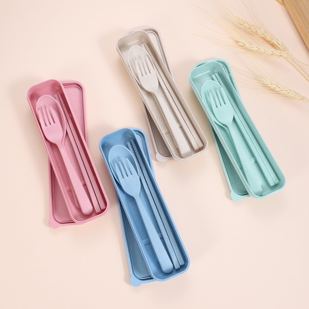 ISO certified BPA free PP plastic eco-friendly wheat straw spoon fork chopsticks travel portable cutlery set with case