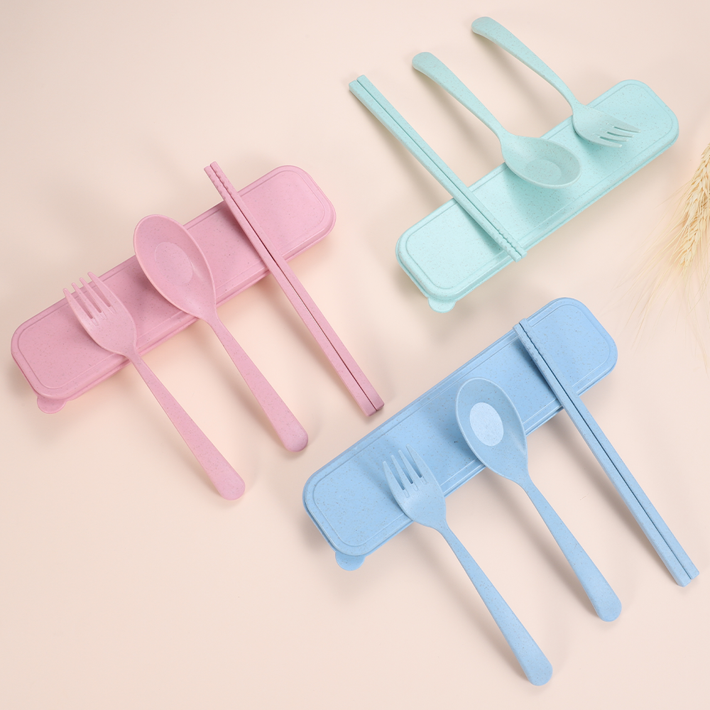 ISO certified BPA free PP plastic eco-friendly wheat straw spoon fork chopsticks travel portable cutlery set with case