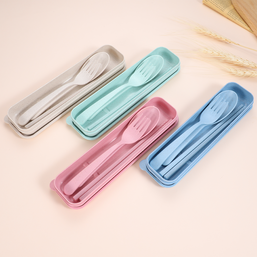 ISO certified BPA free PP plastic eco-friendly wheat straw spoon fork chopsticks travel portable cutlery set with case