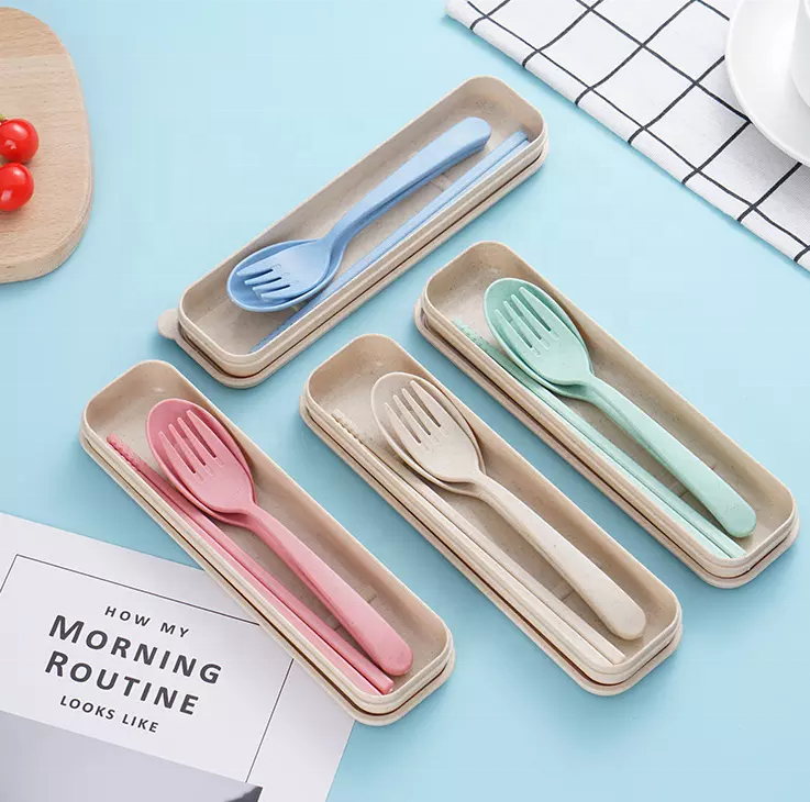 ISO certified BPA free PP plastic eco-friendly wheat straw spoon fork chopsticks travel portable cutlery set with case