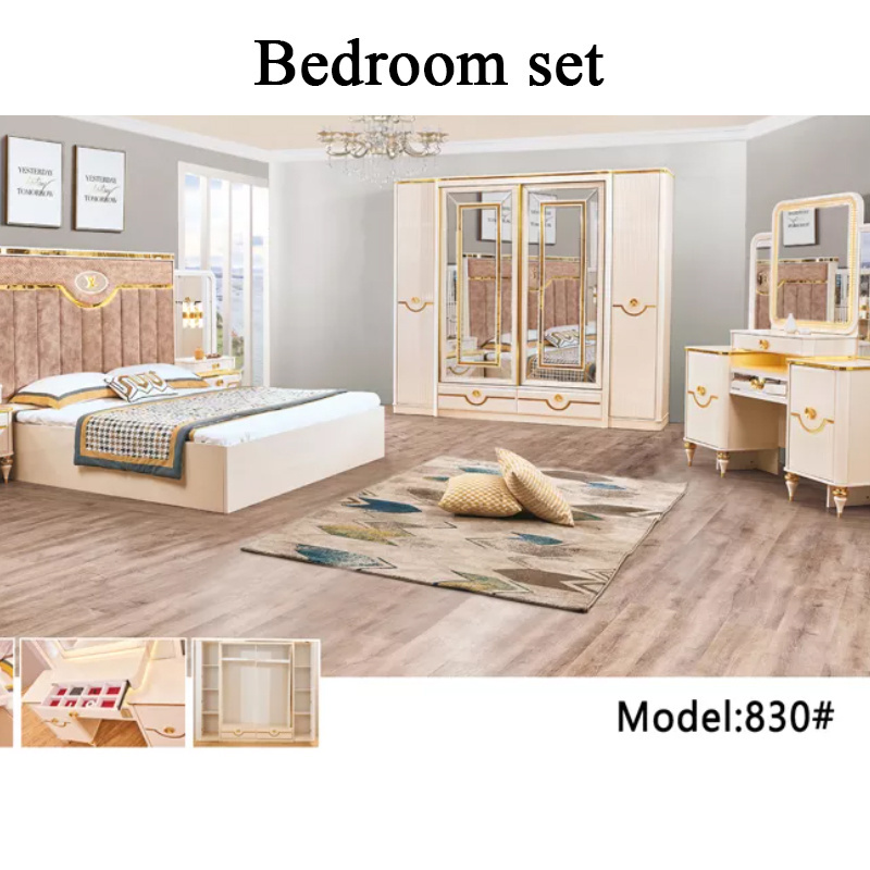 Modern fancy turkish wood frame bedroom furniture luxury queen king size bed sets with mirror headboard