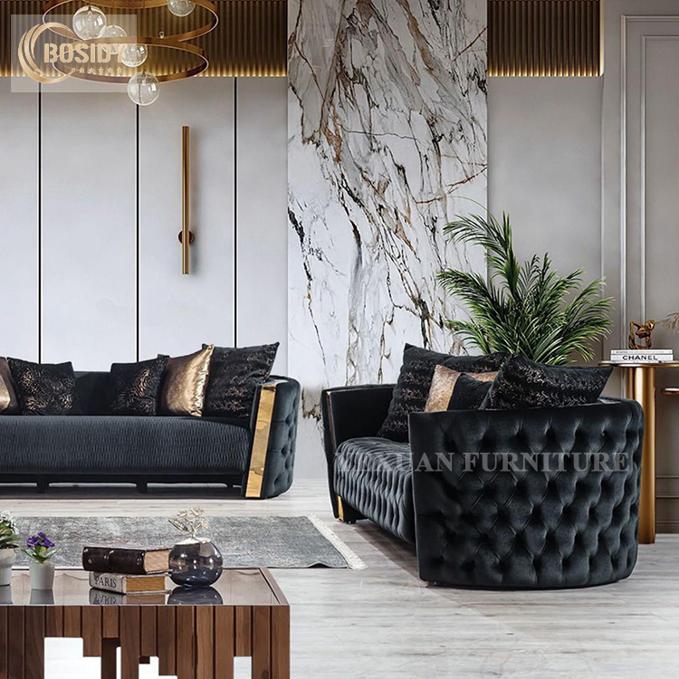 Foshan manufacture wholesale luxury modern furniture couch living room sofa set designs tufted sofa black and gold sofa