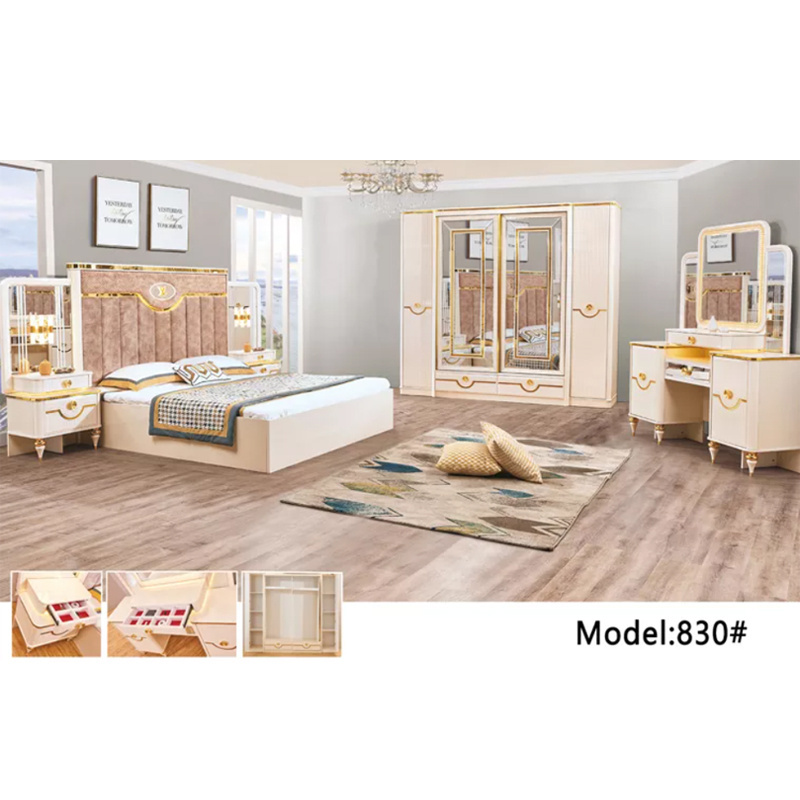 Modern fancy turkish wood frame bedroom furniture luxury queen king size bed sets with mirror headboard