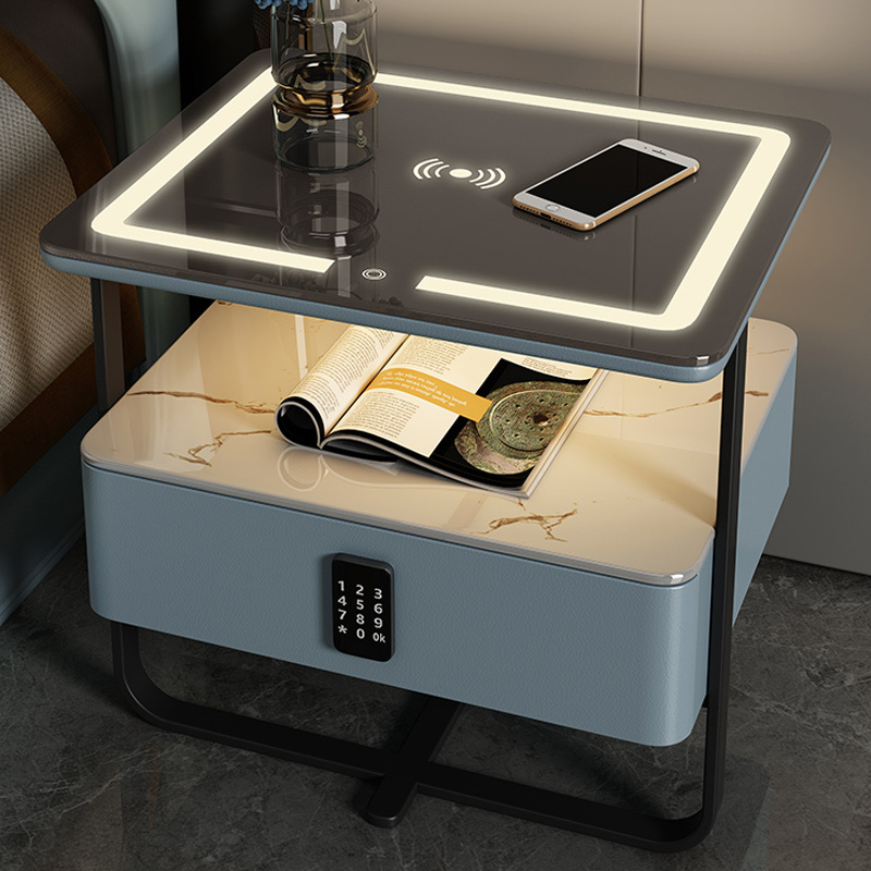 Luxury Night stand Modern Bedside Table for Bedroom Smart Tempered Glass Top Drawer Night Stand with charging station