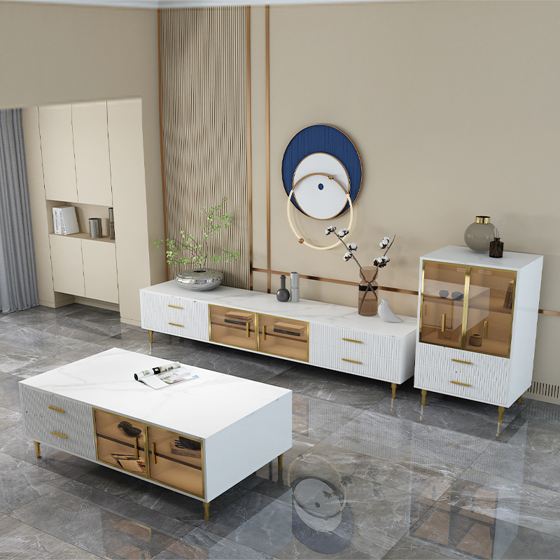 Modern design luxury living room furniture solid wood plywood stone top beige tv stand and coffee table set