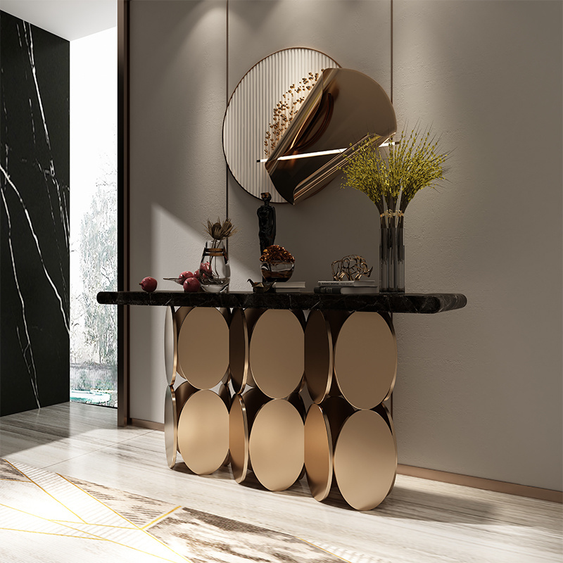 Modern Italian luxury table console contemporary gold stainless steel base black marble console table