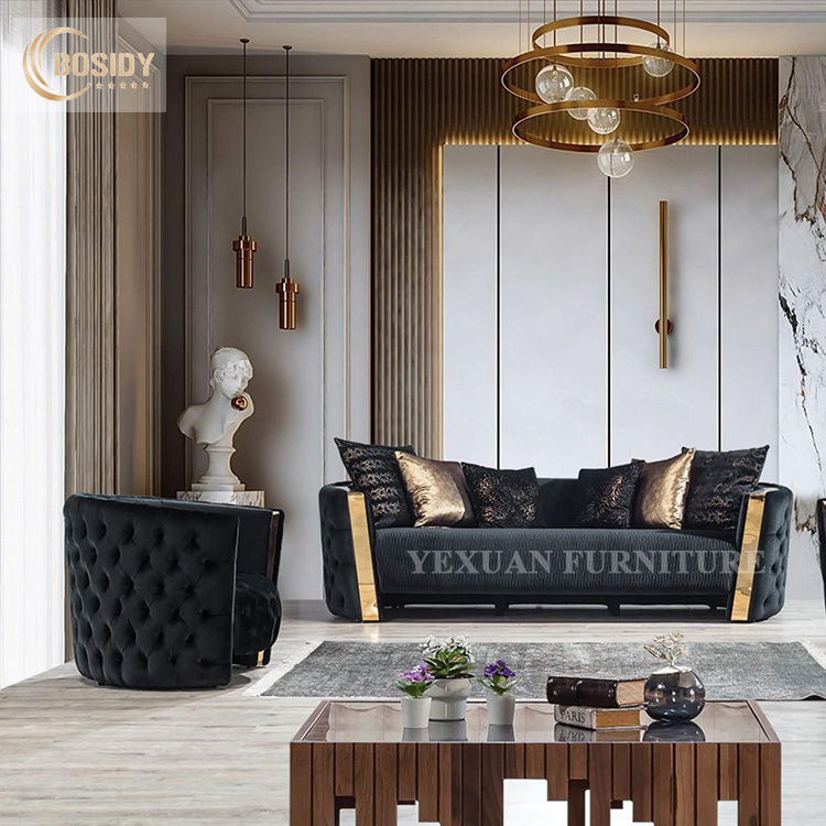 Foshan manufacture wholesale luxury modern furniture couch living room sofa set designs tufted sofa black and gold sofa