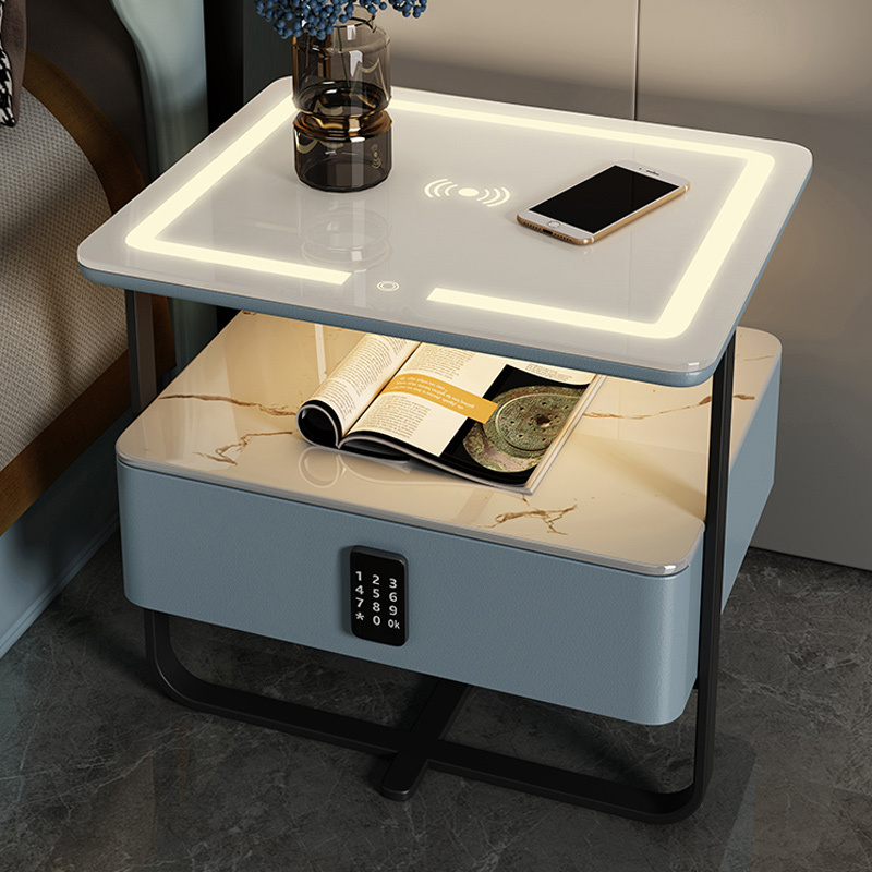 Luxury Night stand Modern Bedside Table for Bedroom Smart Tempered Glass Top Drawer Night Stand with charging station