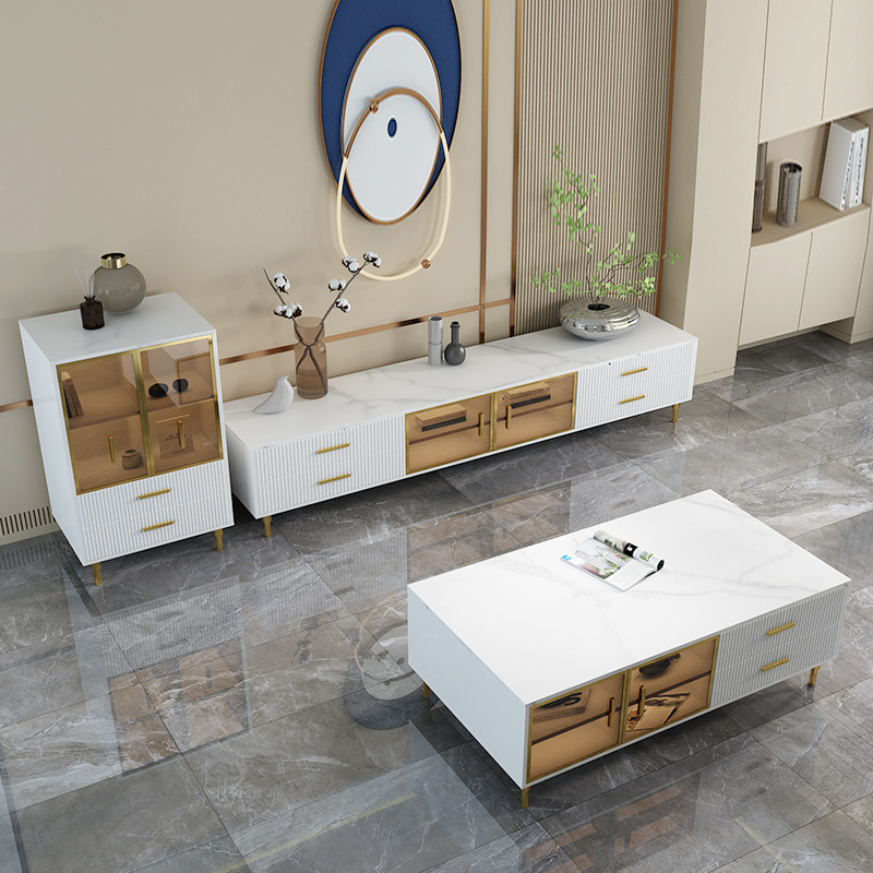 Modern design luxury living room furniture solid wood plywood stone top beige tv stand and coffee table set