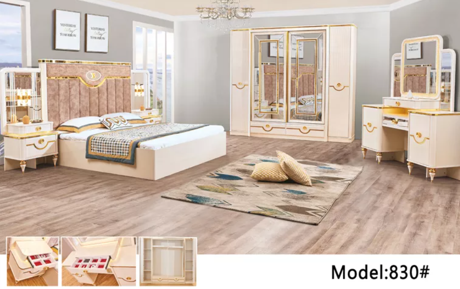 Modern fancy turkish wood frame bedroom furniture luxury queen king size bed sets with mirror headboard