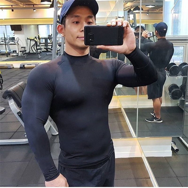 Polyester Spandex Turtleneck Compression Sports Plain Men's White Casual Sports Running long sleeve T Shirt