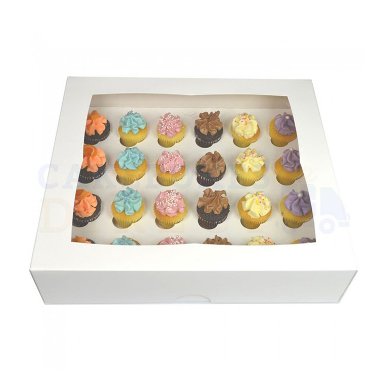 Coated Paper Disposable Cake Food Box 24 Cupcakes Kraft Ivory Paper Box With Window