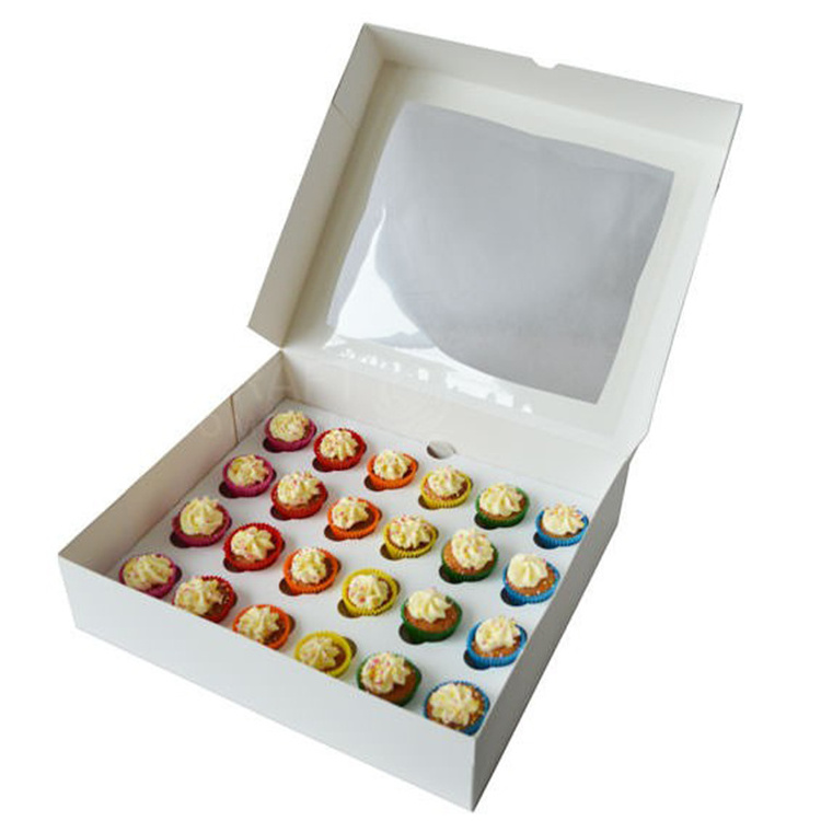 Coated Paper Disposable Cake Food Box 24 Cupcakes Kraft Ivory Paper Box With Window