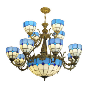 Stained Glass Tiffany Lights Cloisonne Blue Flower Idyllic Hanging Lamp Villa Hotel Clubhouse Living Room Chandelier