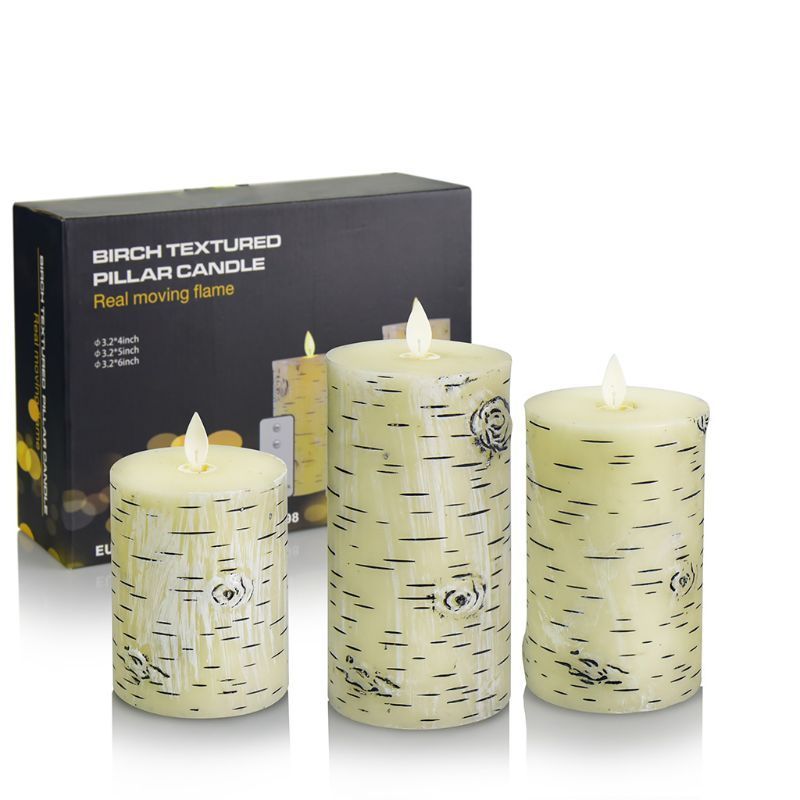 Flickering Candle Night Light Birch Cover Pillar Candle Birch Bark Real Wax Pillar Tealight Decoration Bedside Lamp