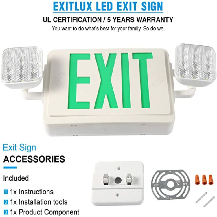 LED Emergency Light with Adjustable Sides Backup Battery Wall Ceiling Mount Stairway Hallway Room Red Exit Sign