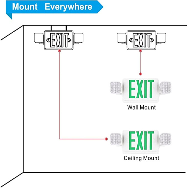 LED Emergency Light with Adjustable Sides Backup Battery Wall Ceiling Mount Stairway Hallway Room Red Exit Sign