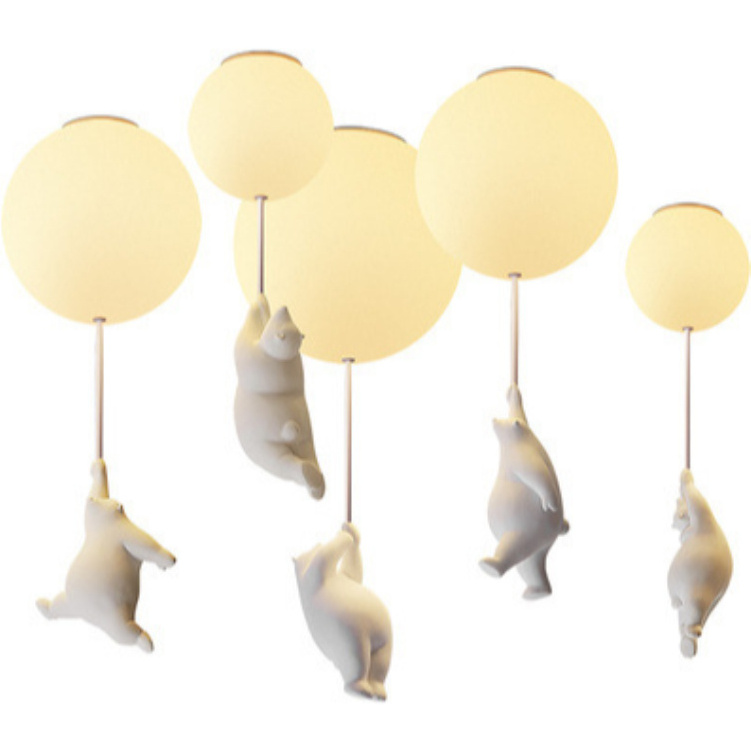 Nordic Bedroom Ceiling Light Warm Romantic Bear Balloon Cartoon Statue Hold Air Balloon Lamp Cute Bear Chandeliers