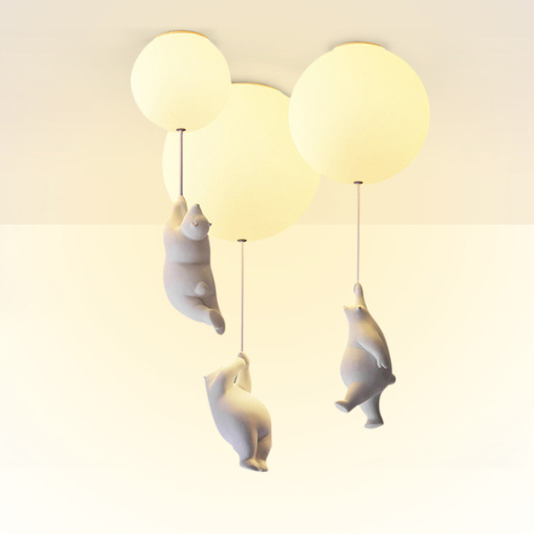 Nordic Bedroom Ceiling Light Warm Romantic Bear Balloon Cartoon Statue Hold Air Balloon Lamp Cute Bear Chandeliers