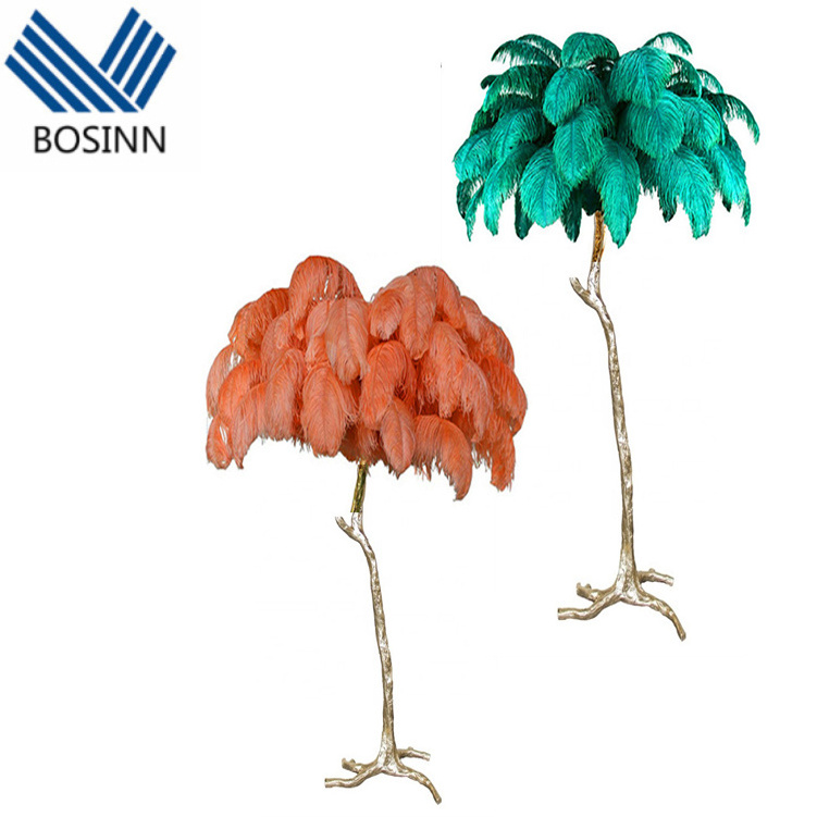 Motif Tree Branch Standing Lights Blue Peacock Lampshade Decoration Villa Hotel Floor Light Ostrich Feather Floor Lamp