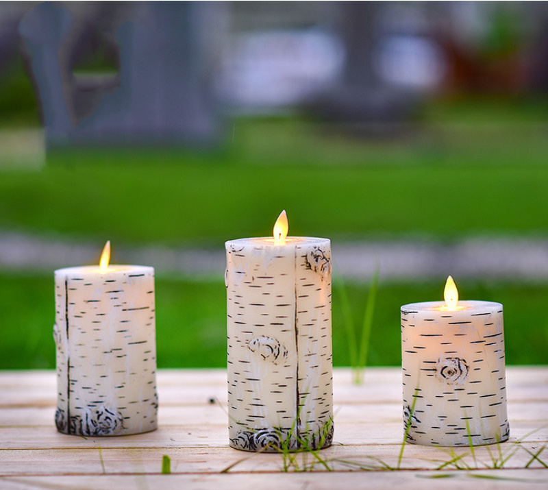 Flickering Candle Night Light Birch Cover Pillar Candle Birch Bark Real Wax Pillar Tealight Decoration Bedside Lamp