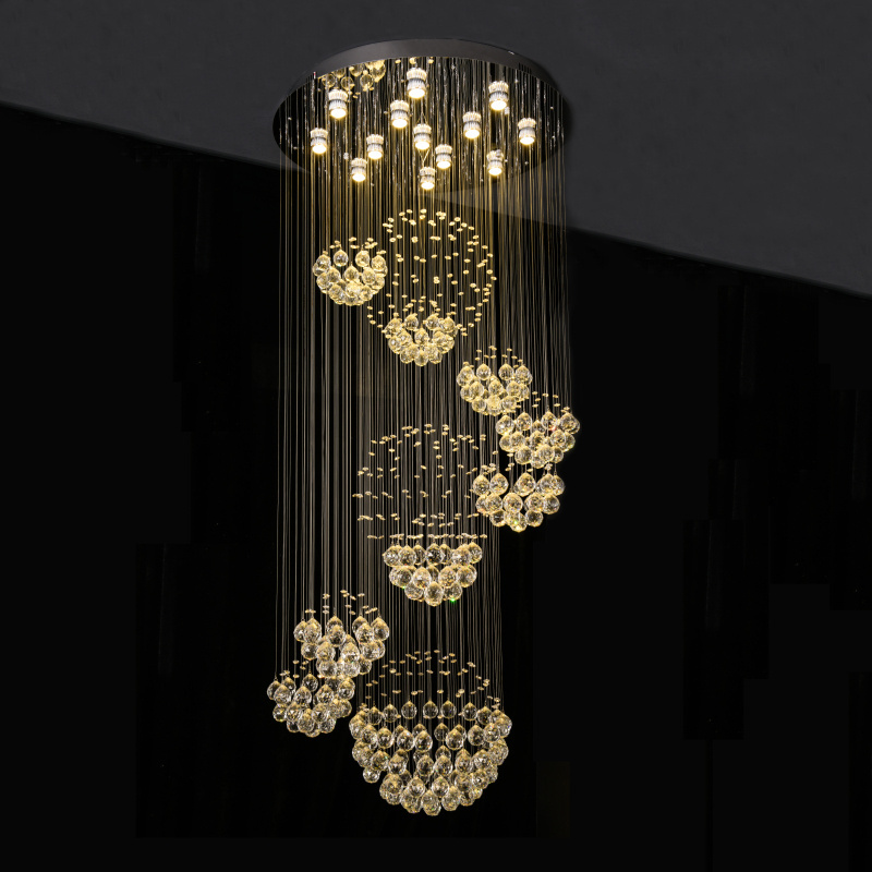 Modern Crystal Chandelier Rain Drop Large Crystal Light Fixture with 11 Sphere Stair Light Fixture with 13 GU10 Bulb