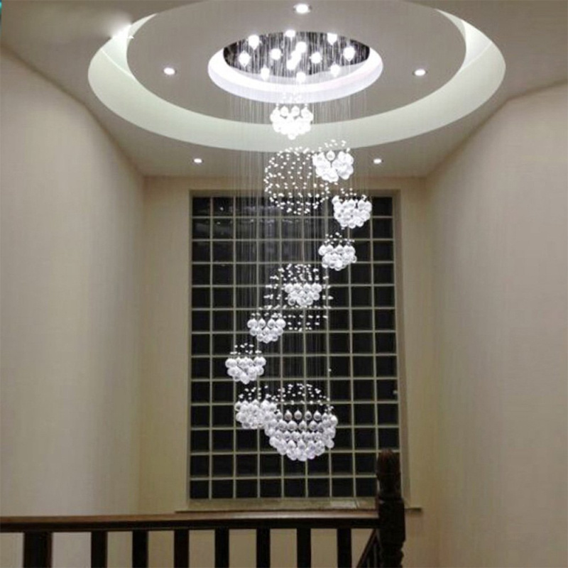 Modern Crystal Chandelier Rain Drop Large Crystal Light Fixture with 11 Sphere Stair Light Fixture with 13 GU10 Bulb