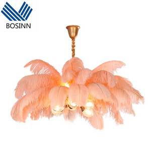 Champagne Plumes Pendant Lamp Brass Chandelier Ostrich Feather Ceiling Lights Decor Living Room Hanging Light Bulb