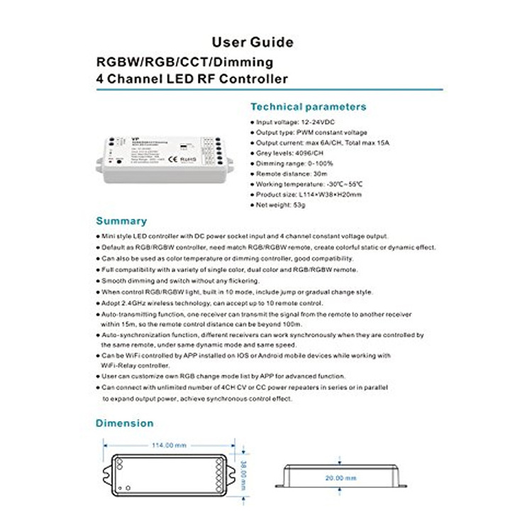 4 Channel LED Lighting RF Controller RGBW/RGB/CCT/Dimming Multi Function Controller LED Controller Dimmer Switch