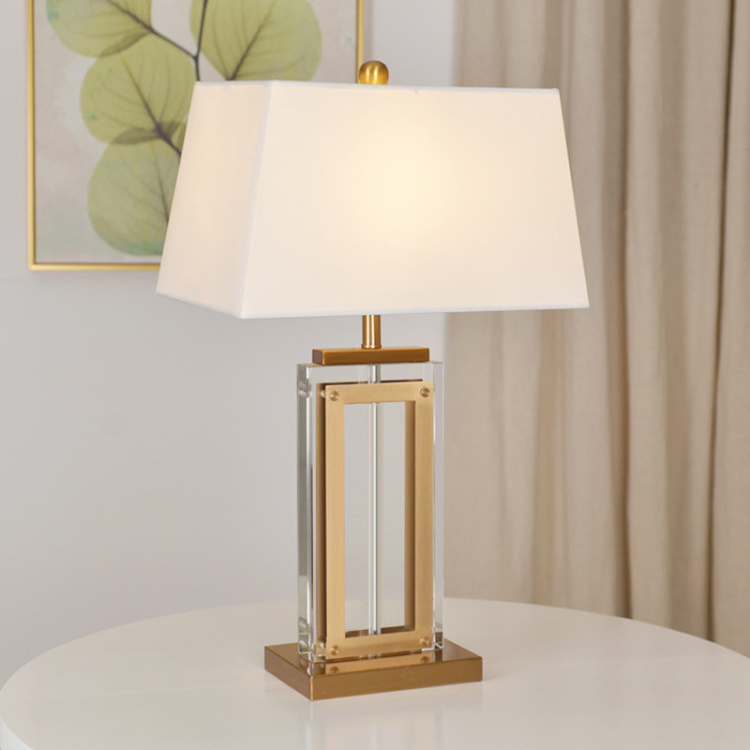 Gold Table Lamp For Living Room Bedroom Table Light Luxury Copper Crystal Lampara Study Rectangle Cloth Desk Lamp