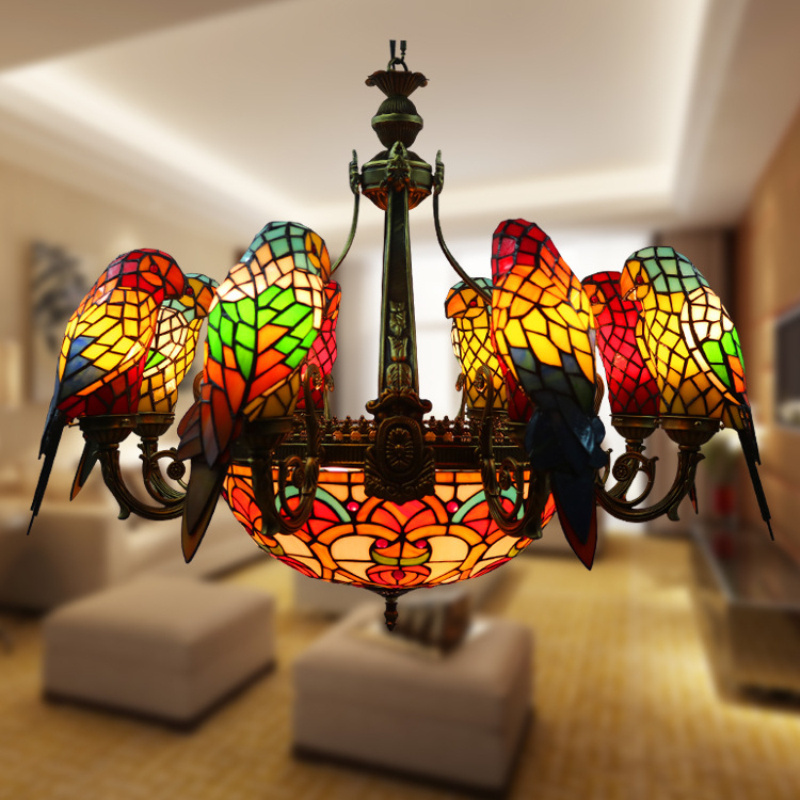 Parrot Tiffany Pendant Lamp Stained Glass Parrot Lantern Bird Chandeliers Hanging Tree Branch Ceiling Light